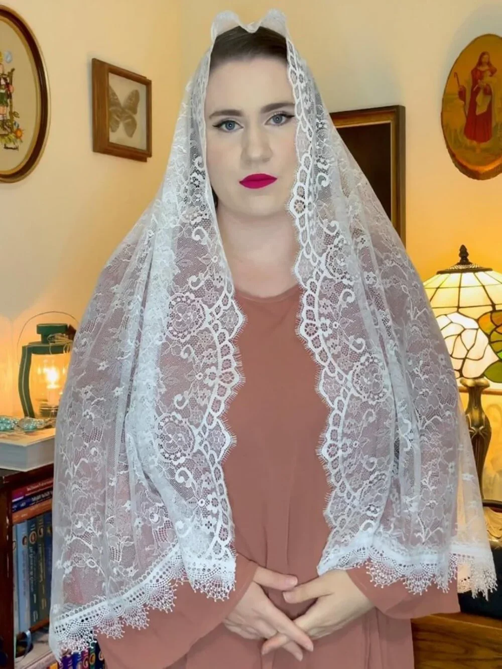 Elegant Floral Lace Chapel Veil Scarf for Women | Rectangular Mantilla Wrap